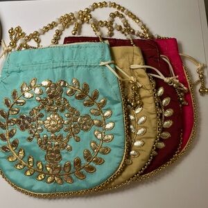 Embellished Drawstring Pouch - Turquoise, Gold, Beige, Burgundy, Pink